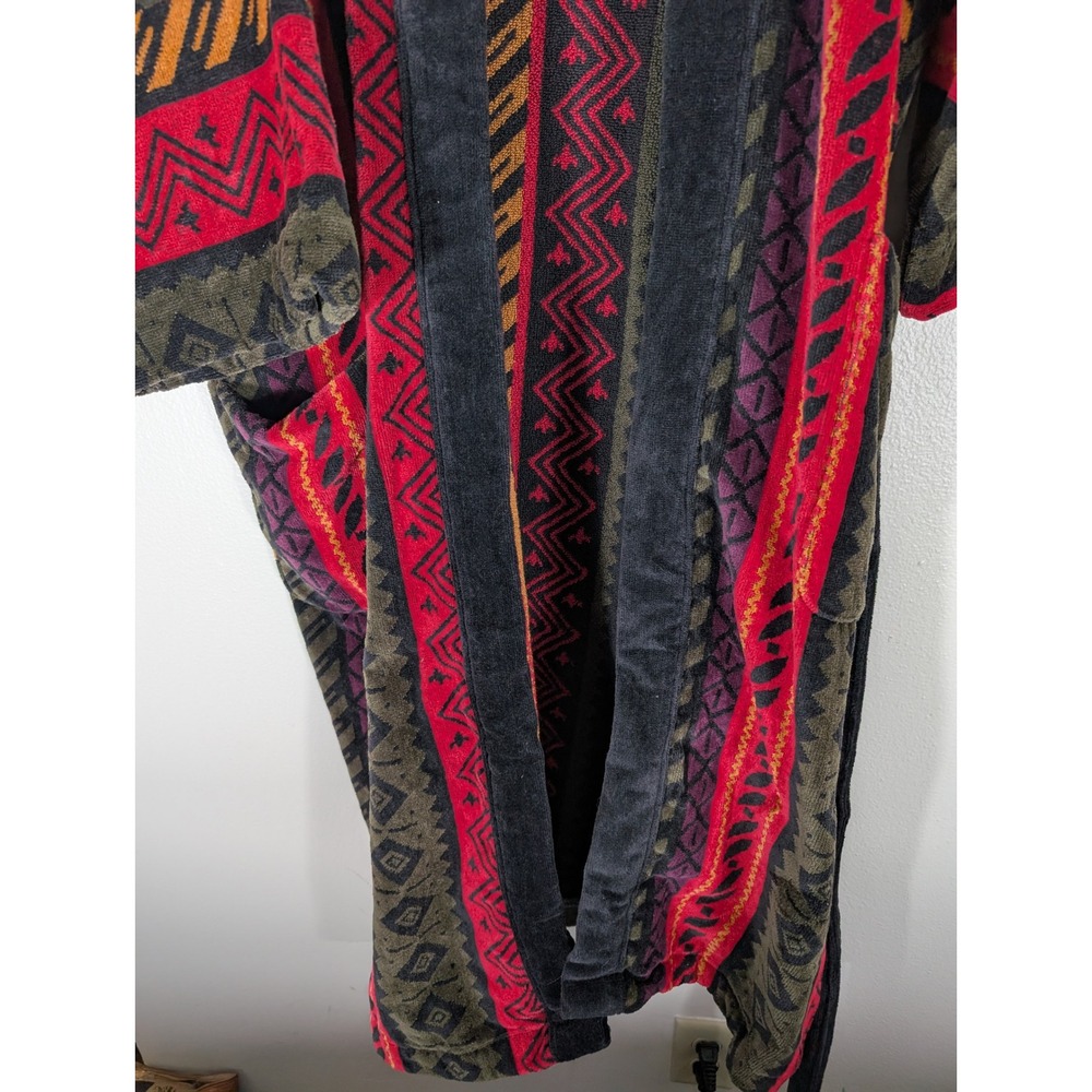 Bill Blass Menswear One Size Robe New Cotton Terry Southwestern Geometric Red - Picture 2 of 11